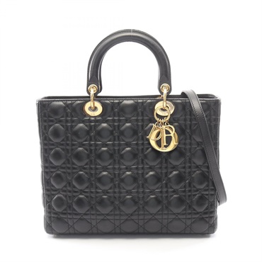 Dior Lady Large Cannage Shoulder Handbag leather Black Used Women GHW