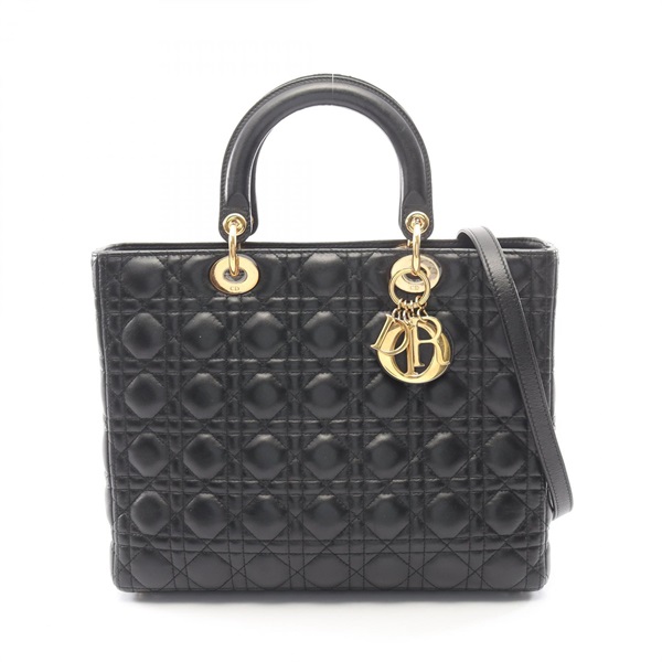 Dior Lady Large Cannage Shoulder Handbag leather Black Used Women GHW