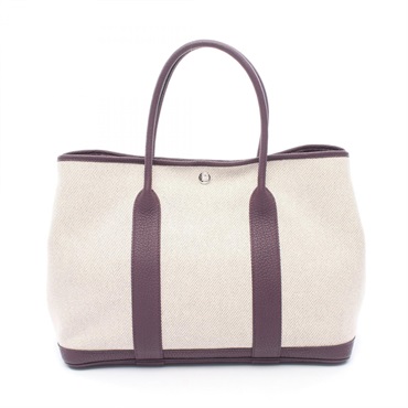 HERMES Garden Party PM Tote Handbag Twill Ash canvas leather Beige Raisin Used U