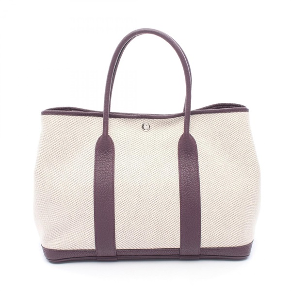 HERMES Garden Party PM Tote Handbag Twill Ash canvas leather Beige Raisin Used U