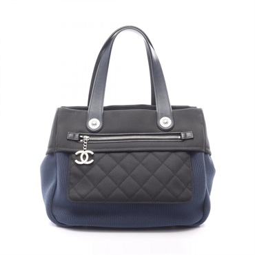 CHANEL Paris Biarritz Handbag Nylon leather Blue Black SHW Used Women