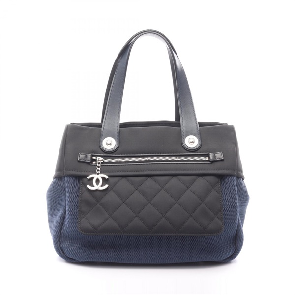 CHANEL Paris Biarritz Handbag Nylon leather Blue Black SHW Used Women
