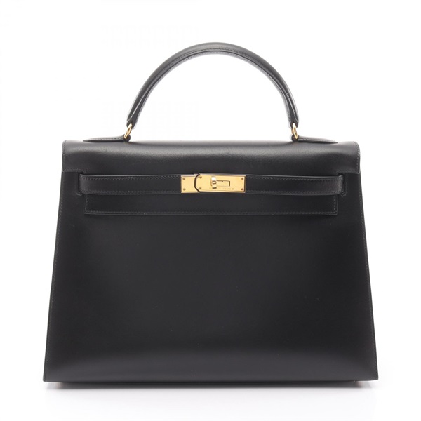HERMES Kelly 32 Sellier Shoulder Handbag 001858CC Box calf leather BK GHW Used A