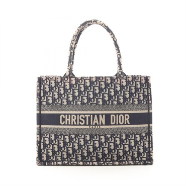 Christian Dior BOOK TOTE Medium Oblique Handbag canvas Navy Beige Used Women