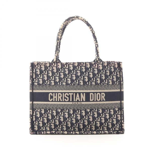 Christian Dior BOOK TOTE Medium Oblique Handbag canvas Navy Beige Used Women