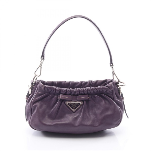 PRADA Triangle Plate Ribbon Zippered Shoulder Handbag leather Purple Used Women