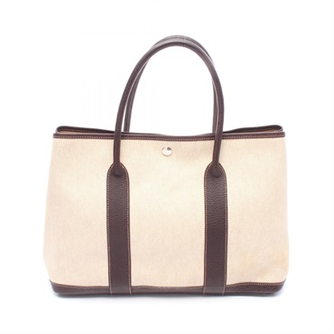 HERMES Garden Party PM Tote Handbag Toile H canvas leather Beige SHW Used F