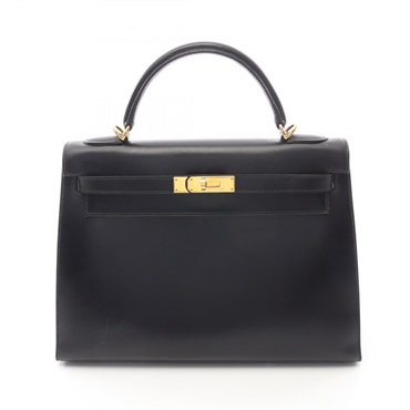 HERMES Kelly 32 shoulder Handbag D outside stitched Box calf leather Black GHW