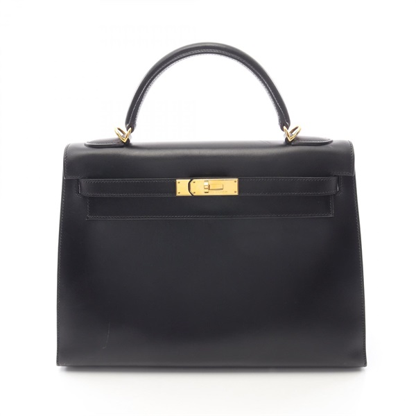 HERMES Kelly 32 shoulder Handbag D outside stitched Box calf leather Black GHW