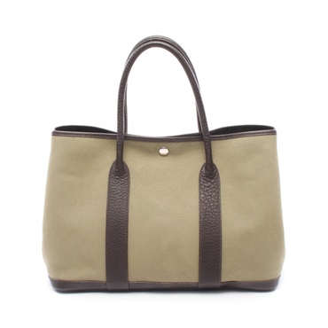 HERMES Garden Party PM Tote Handbag Toile officier canvas leather Khaki Used F