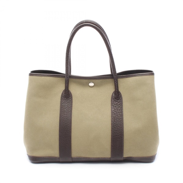HERMES Garden Party PM Tote Handbag Toile officier canvas leather Khaki Used F