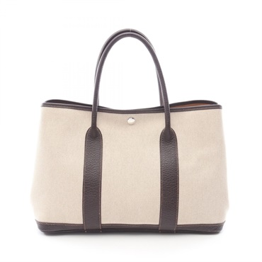HERMES Garden Party PM HandTote Bag Toile H canvas Buffalo leather Beige Used J