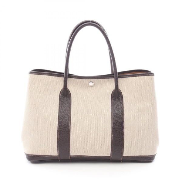 HERMES Garden Party PM HandTote Bag Toile H canvas Buffalo leather Beige Used J