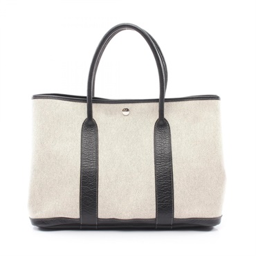 HERMES Garden Party PM Tote Bag Toile H canvas Buffalo leather Beige Black Used