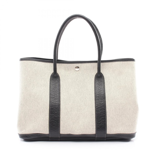HERMES Garden Party PM Tote Bag Toile H canvas Buffalo leather Beige Black Used