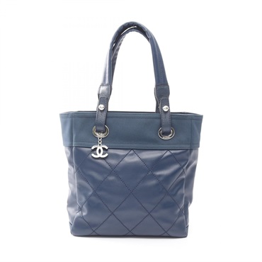 CHANEL Paris Biarritz PM Tote Bag A34208 PVC coated canvas leather Navy Used SHW