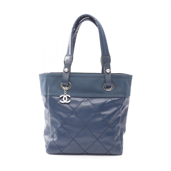CHANEL Paris Biarritz PM Tote Bag A34208 PVC coated canvas leather Navy Used SHW