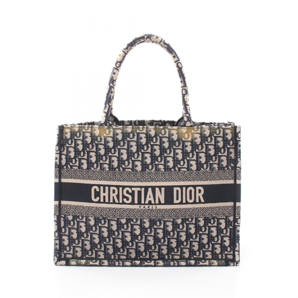 Christian Dior BOOK TOTE Medium Oblique Handbag canvas Navy Beige Used Women