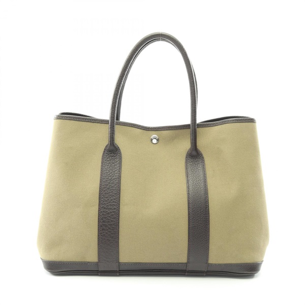 HERMES Garden party PM Tote hand Bag T Toile officier leather Khaki Ebene SHW