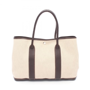 HERMES Garden Party PM Tote Handbag Toile H canvas leather Beige SHW Used G