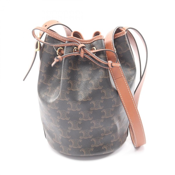 CELINE Triomphe Small Drawstring Shoulder Bag canvas leather Brown Used Women