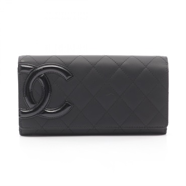 CHANEL Cambon line Bifold Long Purse Wallet leather Patent leather Black Used CC
