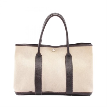 HERMES Garden Party PM Tote Bag Toile H canvas Buffalo leather Beige Brown Used