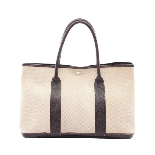 HERMES Garden Party PM Tote Bag Toile H canvas Buffalo leather Beige Brown Used