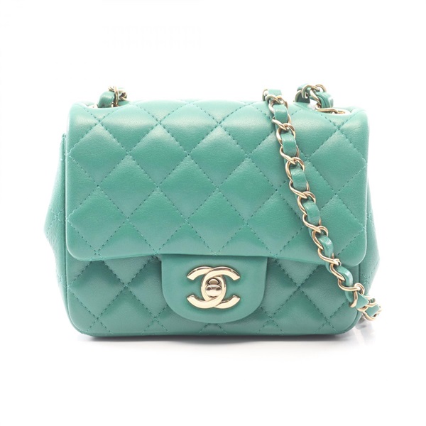 CHANEL Mini Matelasse Chain Shoulder Bag Lambskin sheep leather Green Used GHW