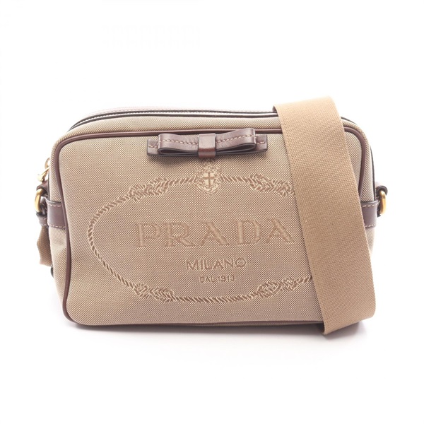 PRADA LOGO JACQUARD crossbody Shoulder Bag 1BH089 canvas leather Beige used