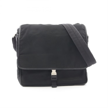 PRADA Flap Crossbody Shoulder Bag Nylon Saffiano leather Black Used unisex