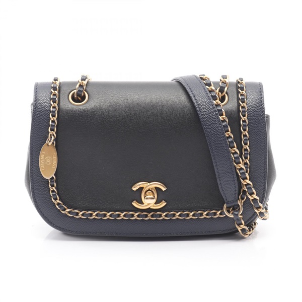 CHANEL Chain Shoulder Bag AS0371 Lamb leather Grained Calfskin Black Navy Used