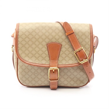 CELINE Macadam Flap Shoulder crossbody Bag canvas leather Beige Brown Used Women
