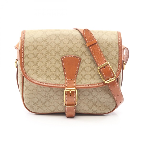 CELINE Macadam Flap Shoulder crossbody Bag canvas leather Beige Brown Used Women