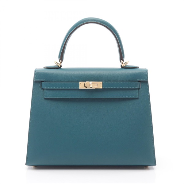 HERMES Kelly 25 Verso Sellier Shoulder Handbag Veau Madame leather Green Used K