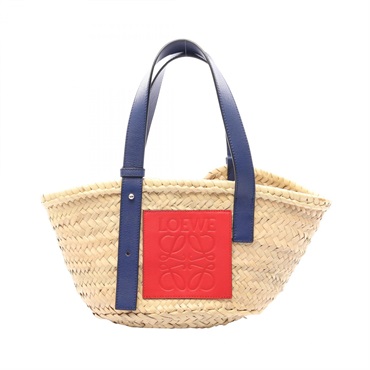 LOEWE Basket small Handbag leather Raffia natural Red Blue Used Women