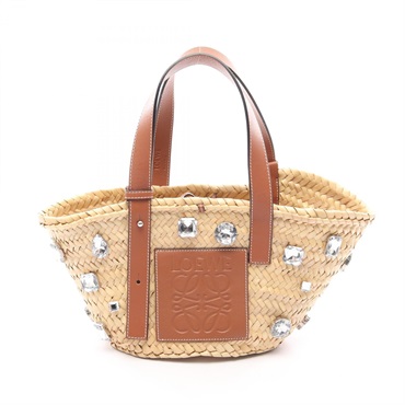 LOEWE Basket bijoux Handbag leather Raffia natural Brown Used Women