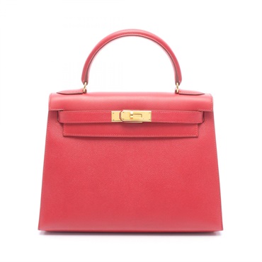 HERMES Kelly 28 Outside Stitched shoulder Handbag Z Courchevel Rouge vif GHW