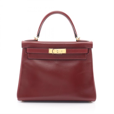 HERMES Kelly 28 Shoulder Handbag Box calf leather Bordeaux Rouge H Used D GHW