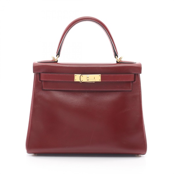 HERMES Kelly 28 Shoulder Handbag Box calf leather Bordeaux Rouge H Used D GHW