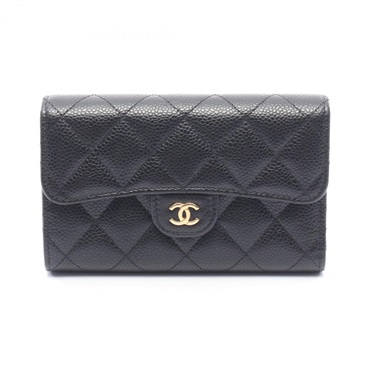 CHANEL Matelasse Tri-fold wallet compact purse Calfskin leather Black Used GHW