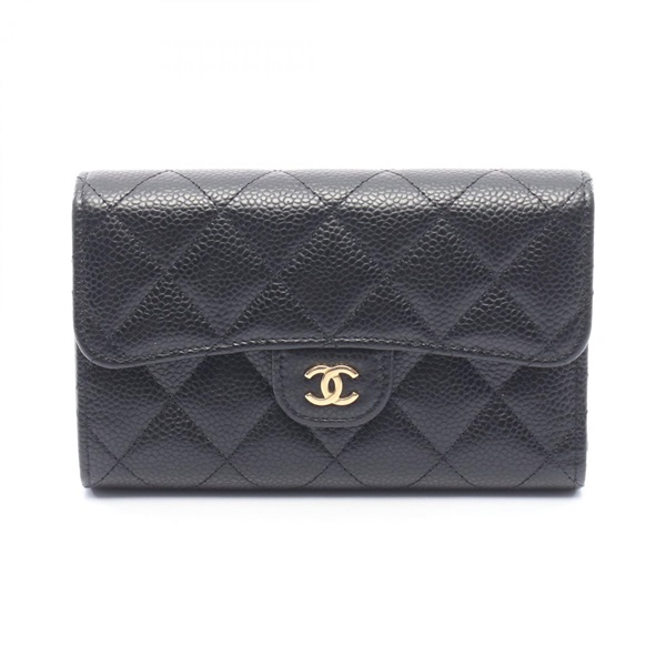 CHANEL Matelasse Tri-fold wallet compact purse Calfskin leather Black Used GHW