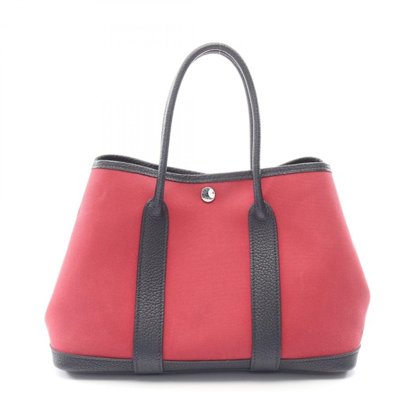 HERMES Garden Party TPM Tote Handbag Negonda leather canvas Ruby Blue SHW Used R