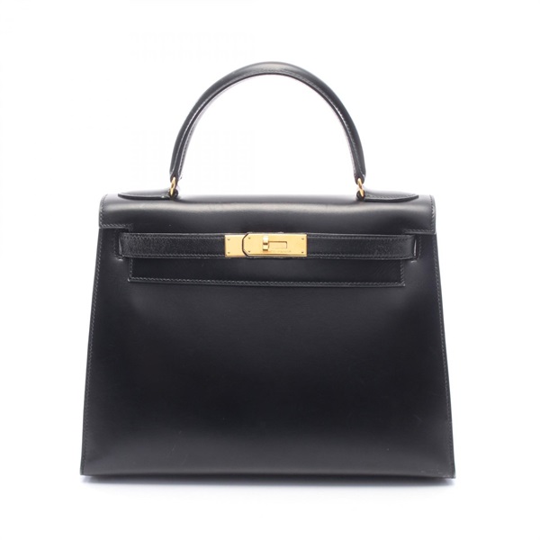 HERMES Kelly 28 Shoulder Handbag Box calf leather Black Used Women T GHW