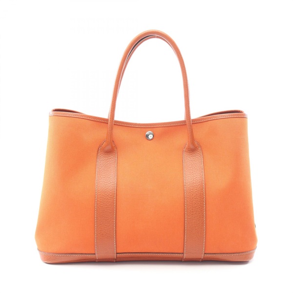 HERMES Garden Party PM Tote Handbag Buffalo leather canavas Orange SHW Used I