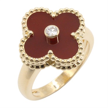 Van Cleef & Arpels Vintage Alhambra Carnelian Diamond Ring 18KYG Women US #5.25