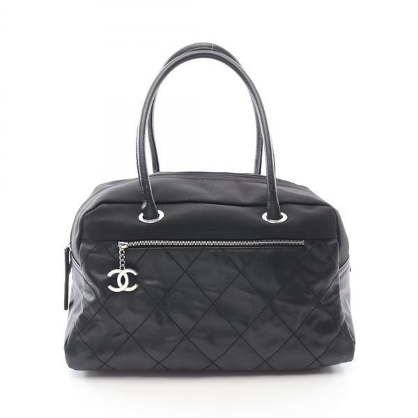 CHANEL Paris Biarritz Hand bag PVC coated canvas Black Used Women SHW