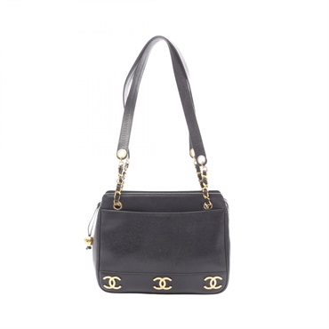 CHANEL Triple COCO Mark Shoulder Tote Bag Calfskin leather Black Used GHW CC