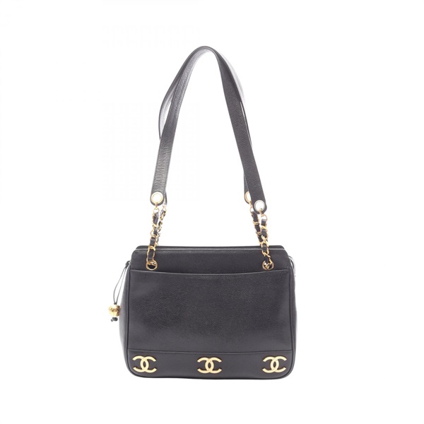 CHANEL Triple COCO Mark Shoulder Tote Bag Calfskin leather Black Used GHW CC