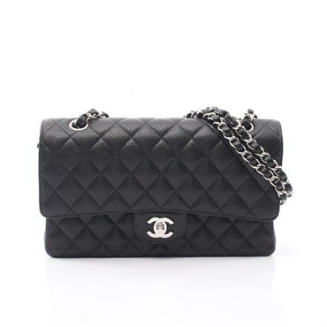 CHANEL Matelasse W flap Shoulder Bag Grained Calfskin leather Black Used SHW
